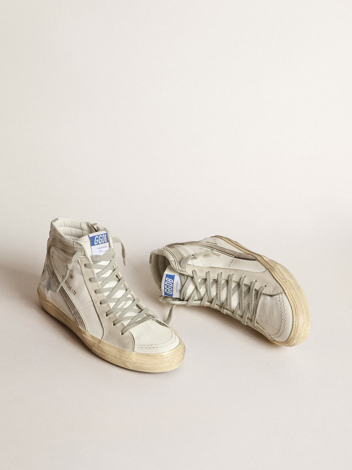 Slide LTD sneakers with silver laminated leather star and gray nubuck flash  | Golden Goose
