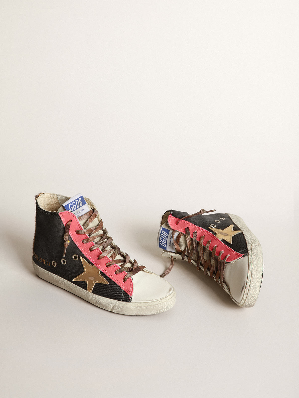 Golden Goose - Men’s Francy LTD sneakers in white leather and black denim with gold laminated leather star in 