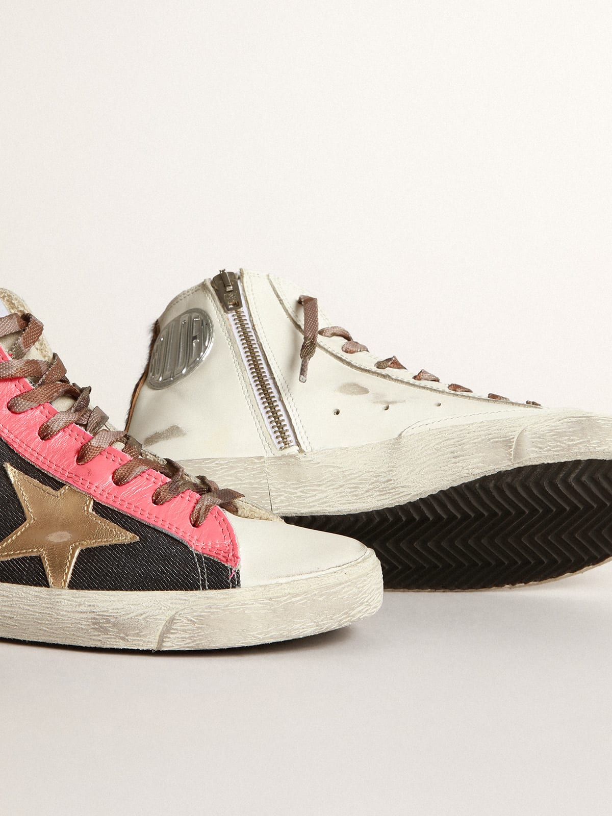 Golden Goose - Men’s Francy LTD sneakers in white leather and black denim with gold laminated leather star in 