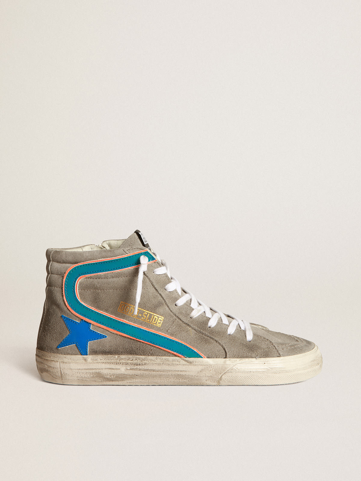 Golden Goose - Sneakers Slide en daim gris avec détails bleu électrique in 