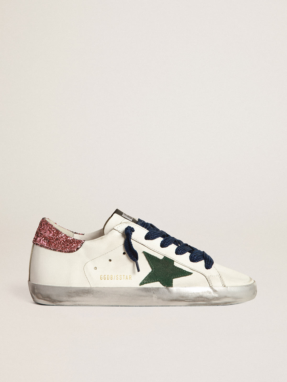 Sneakers Super Star avec toile en daim vert et contrefort paillettes roses