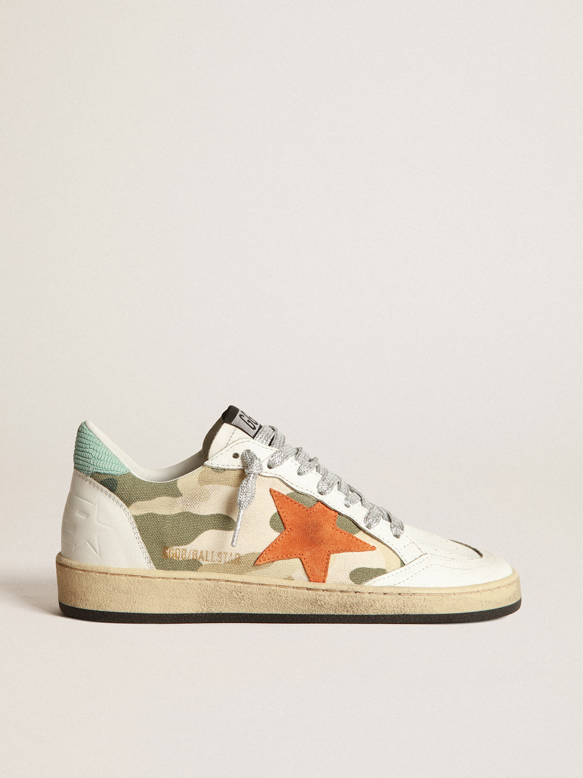 Golden Goose - Ball Star sneakers in camouflage canvas with orange suede star and aquamarine lizard-print nubuck heel tab in 