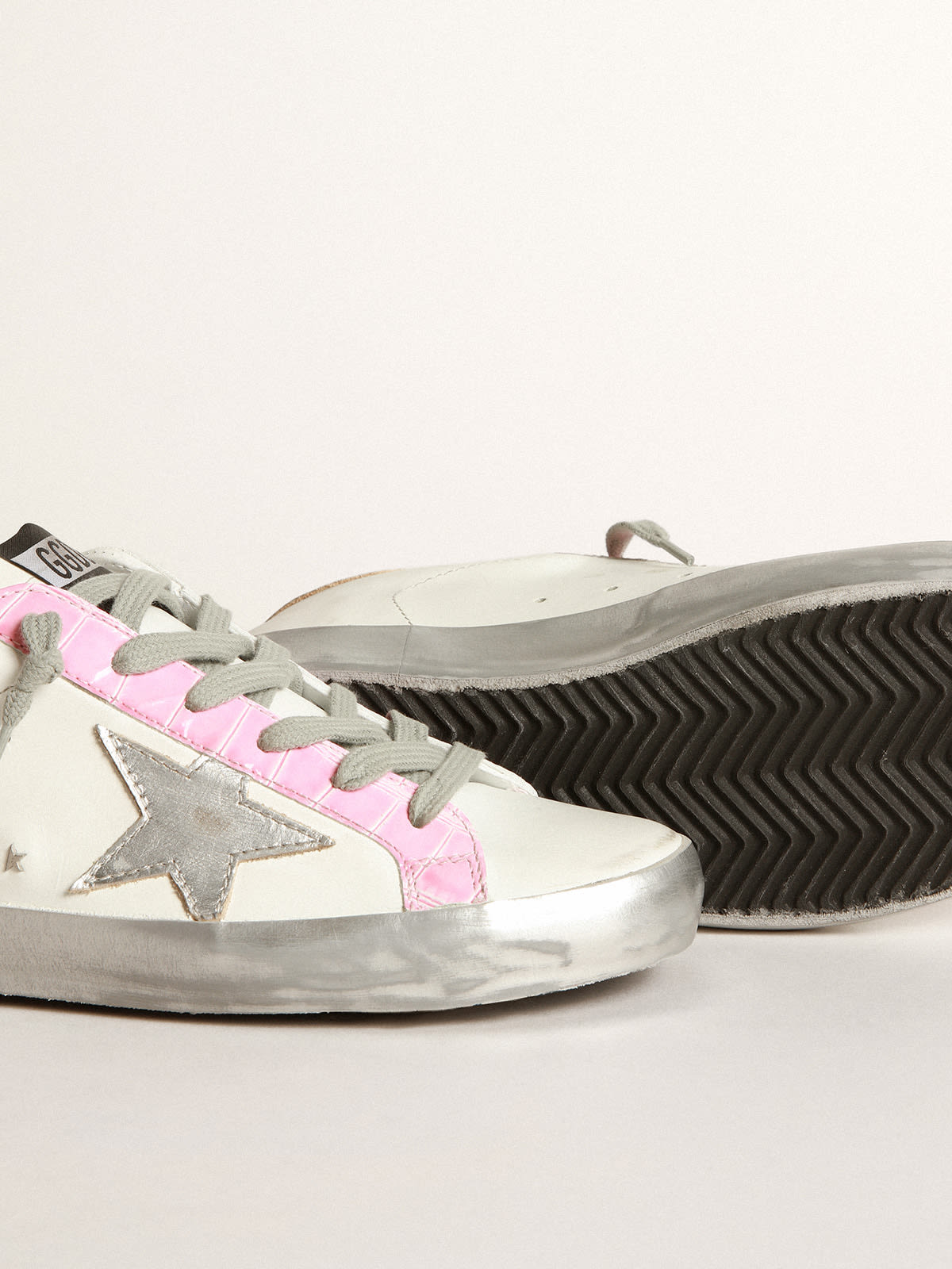 Super Star sneakers with silver laminated leather star and pink crocodile print leather inserts