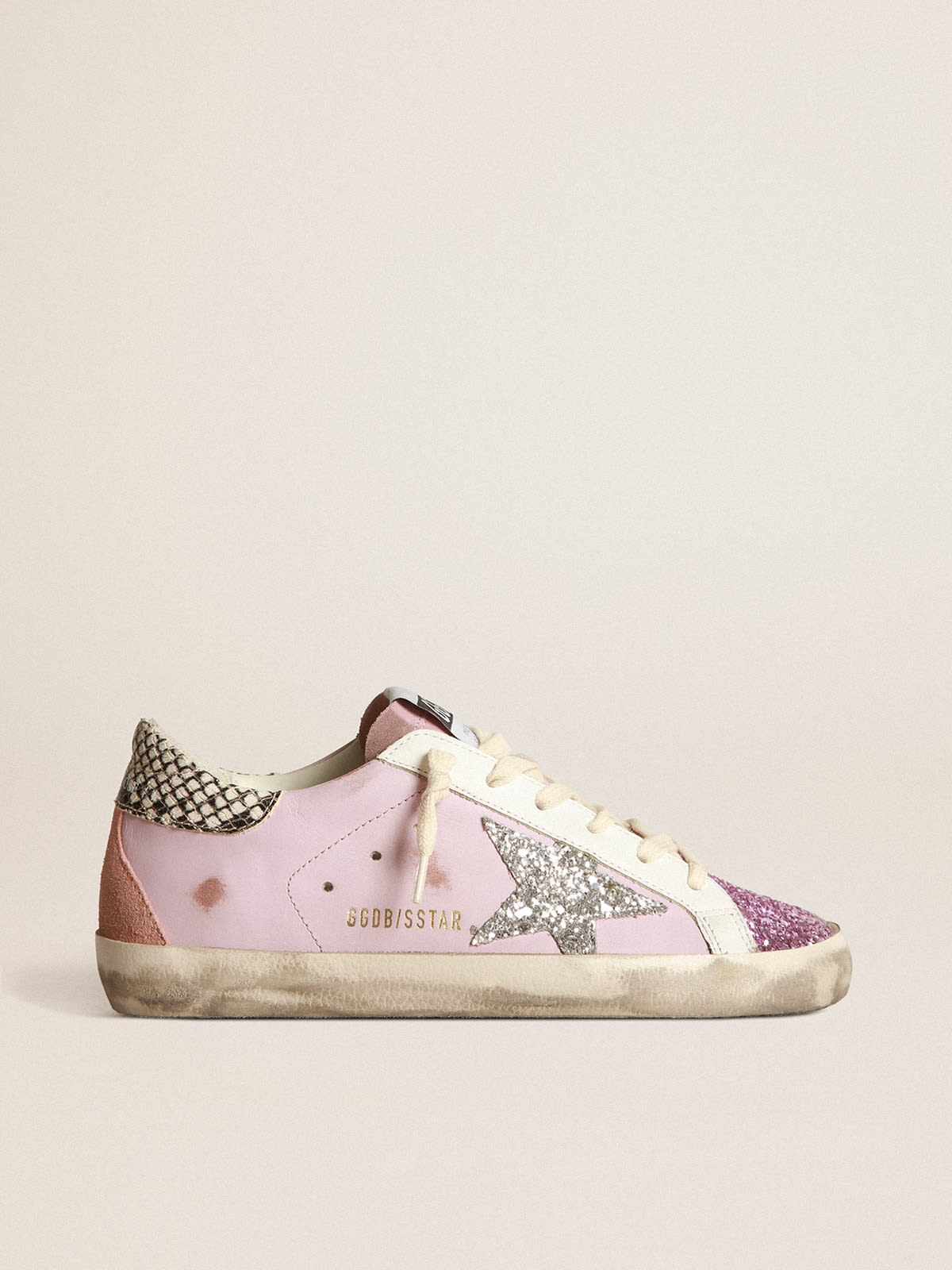 Super Star sneakers in pink leather with silver glitter star and