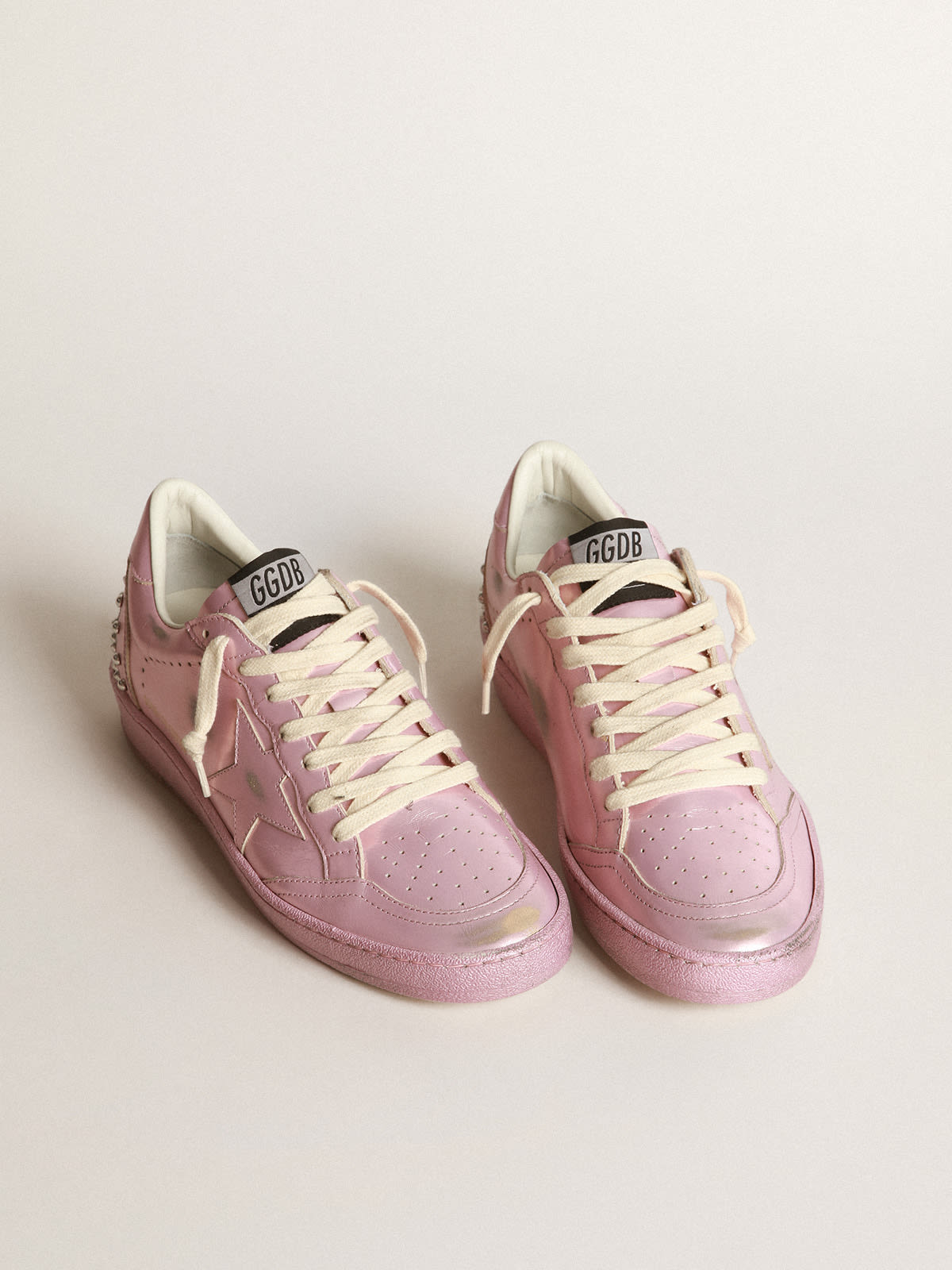 Women\'s Ball Star LAB in pink laminated leather with studs | Golden Goose