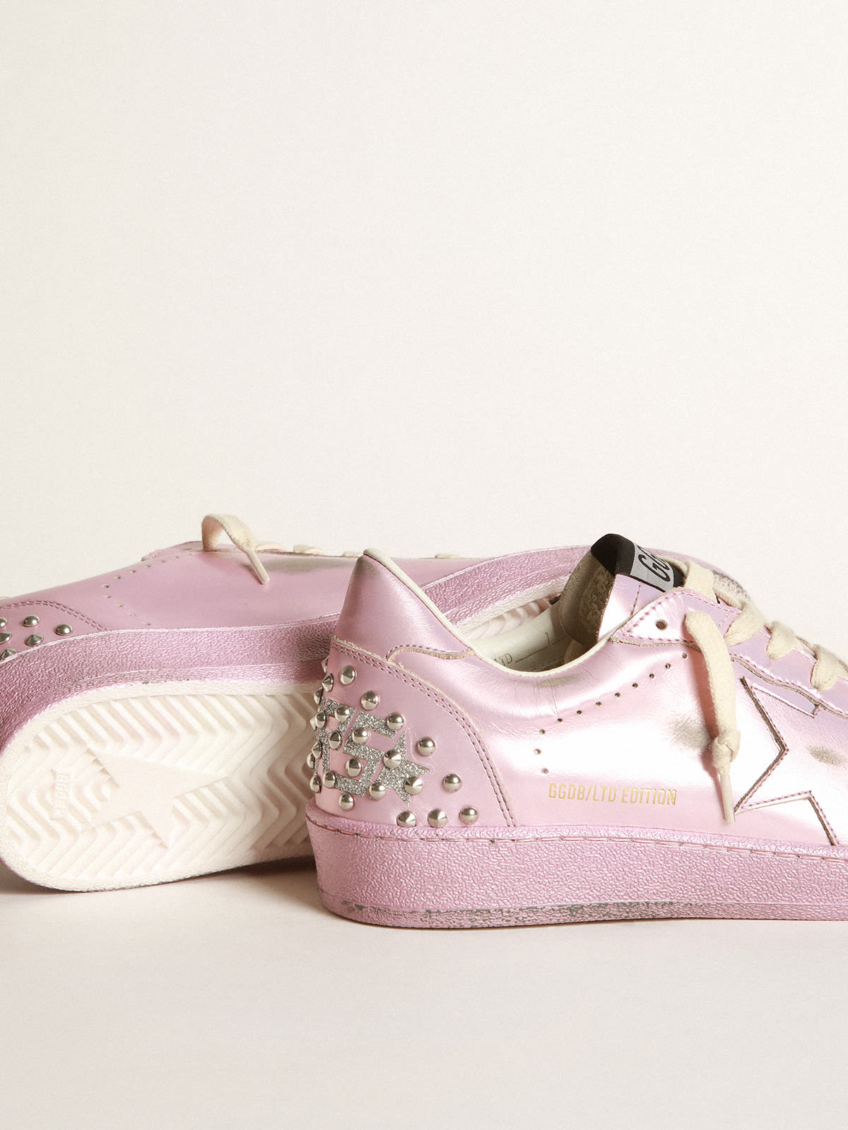 Women\'s Ball Star LAB in pink laminated leather with studs | Golden Goose