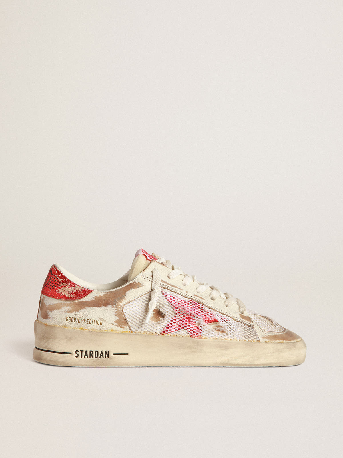 Golden Goose - Stardan LAB sneakers in white leather and mesh with red laminated leather star in 