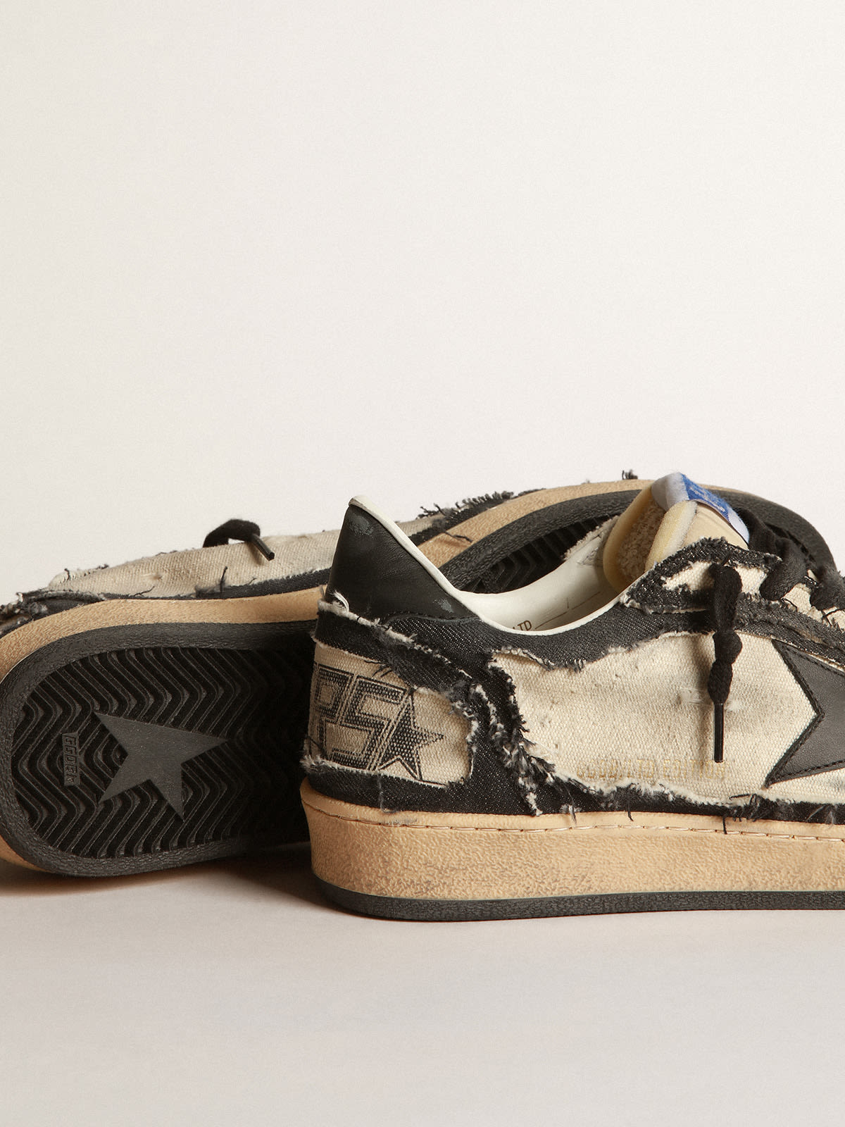 Golden Goose - Men’s Ball Star LAB in white canvas and blue denim with black leather star in 