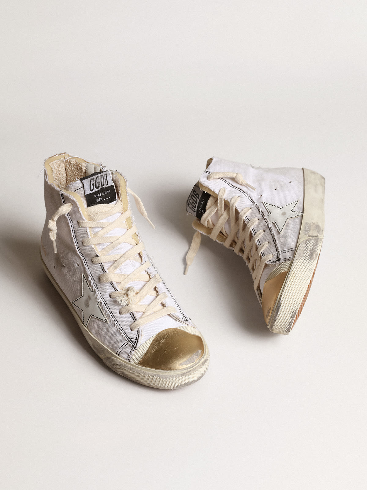 Golden Goose - Sneakers Francy LAB avec étoile en cuir blanc et bout en cuir lamé doré in 