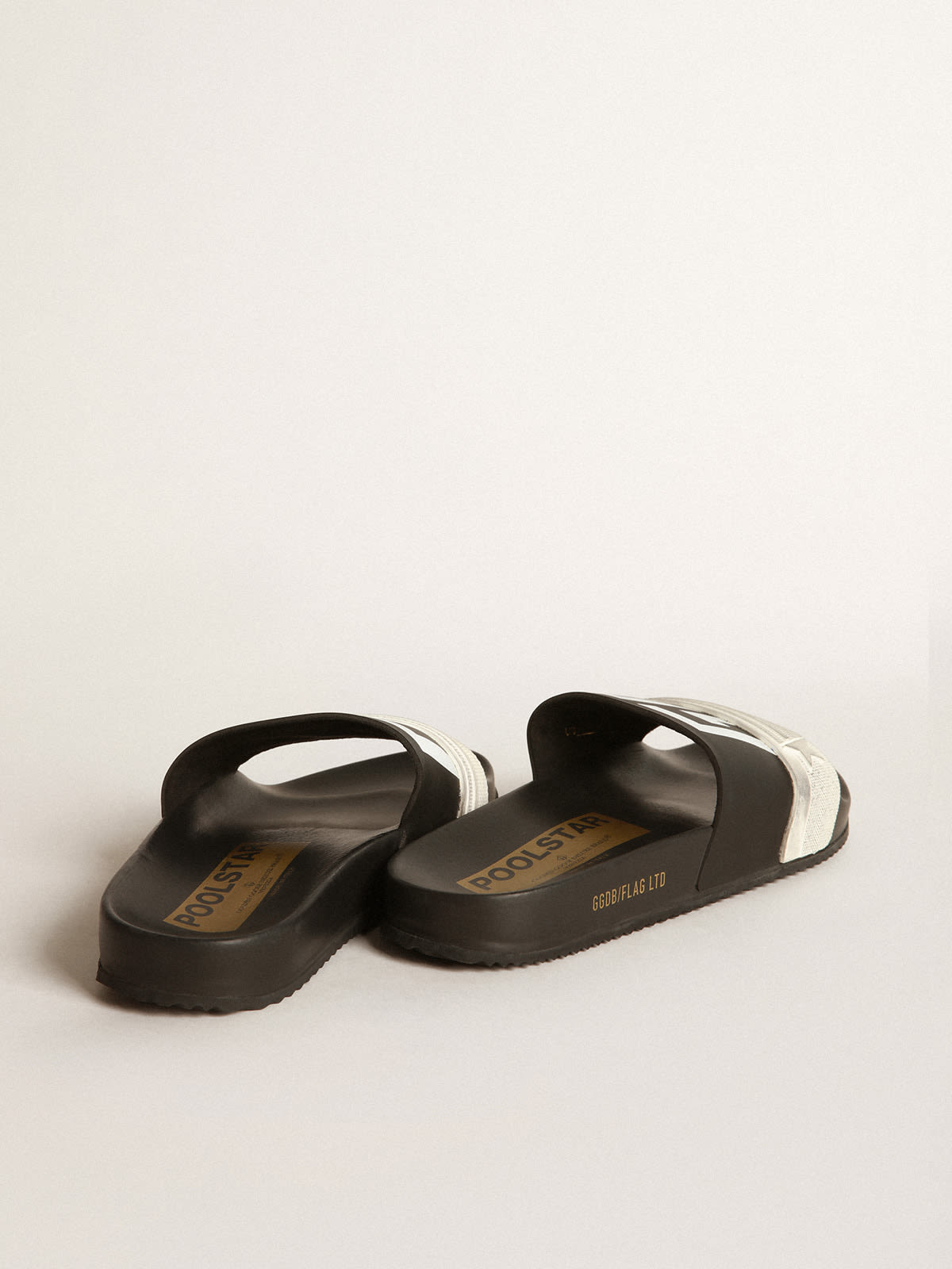 Black Poolstars for women with two colour strap and logo Golden