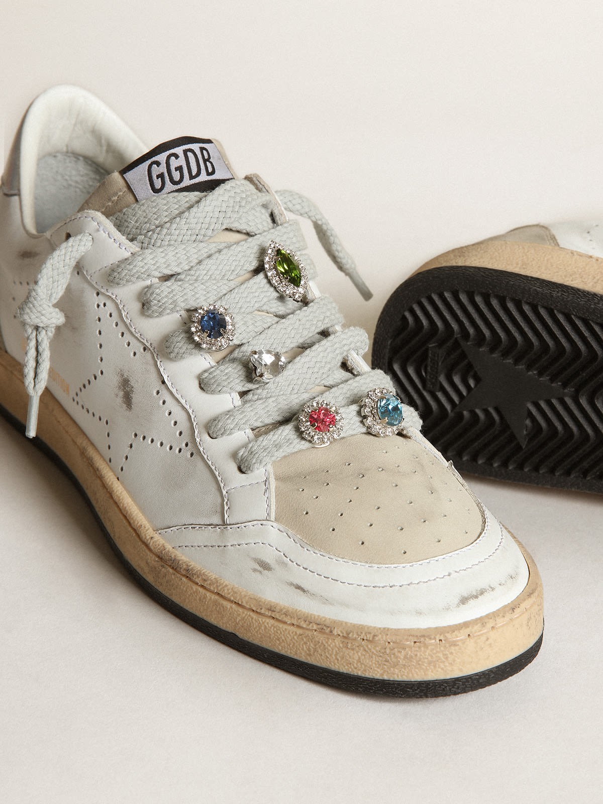 Golden Goose - Ball Star LAB sneakers in white leather with perforated star and lace accessories with multicolored crystals in 