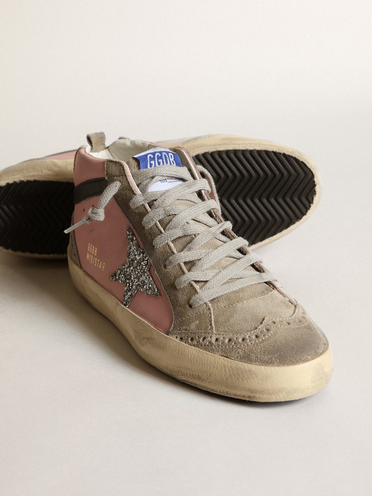 Golden Goose - Mid Star LTD sneakers in pink leather with silver glitter star and black leather flash in 