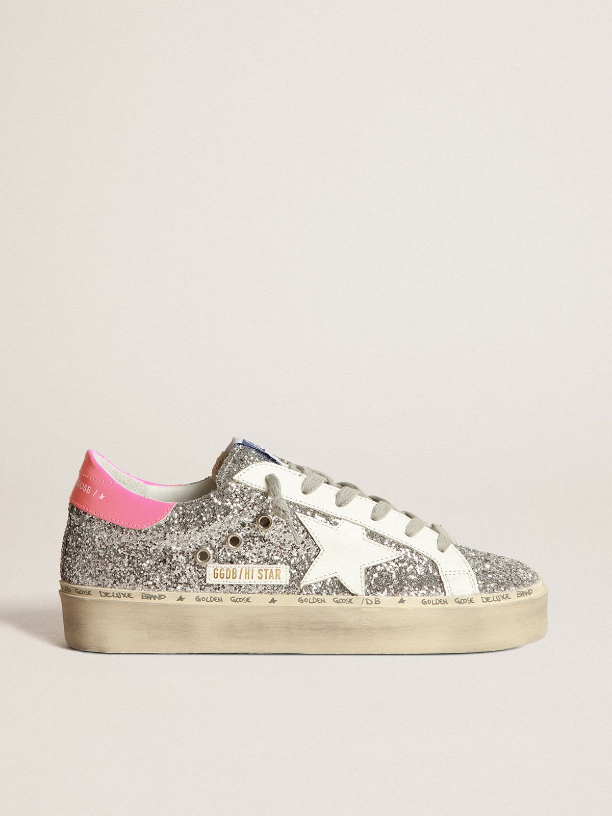 Golden Goose - Hi Star sneakers with silver glitter and fuchsia heel tab in 