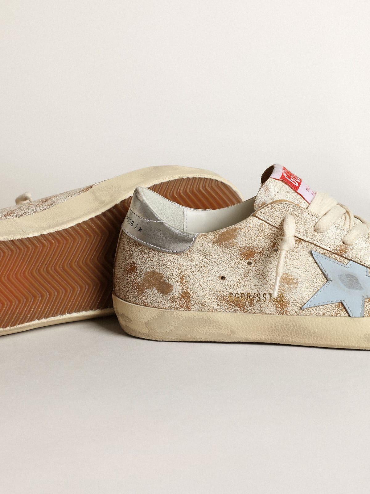 Golden Goose - Women’s Super-Star sneakers with smoky light-blue leather star and silver metallic leather heel tab in 