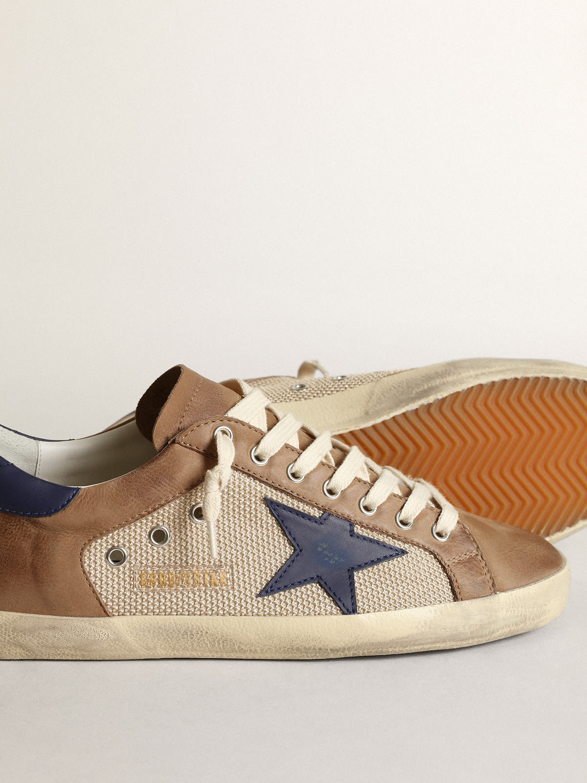 Super-Star sneakers in brown nubuck and beige mesh with dark blue ...