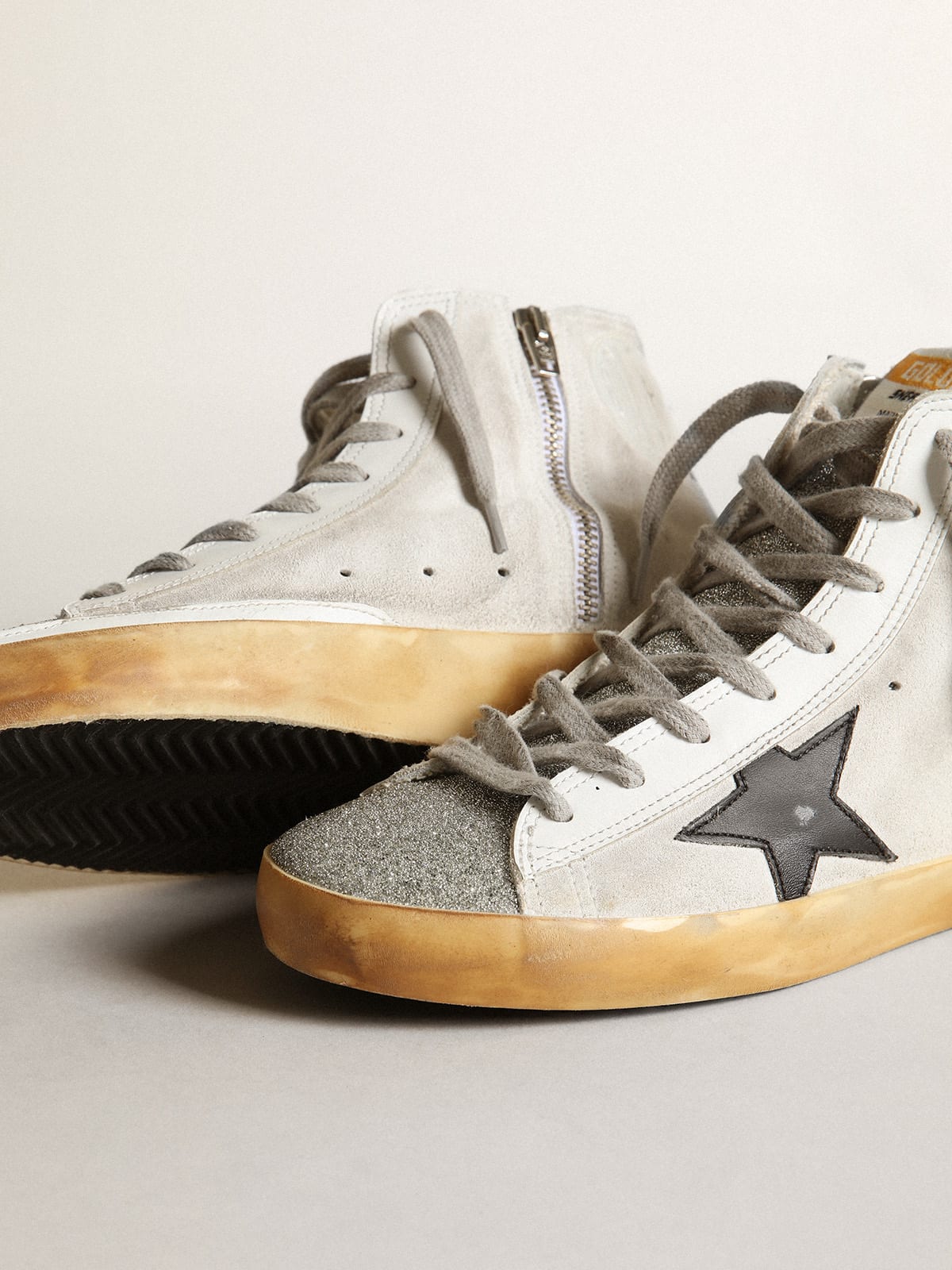 Francy sneakers in white suede with tongue in Swarovski micro-crystals and  black leather star