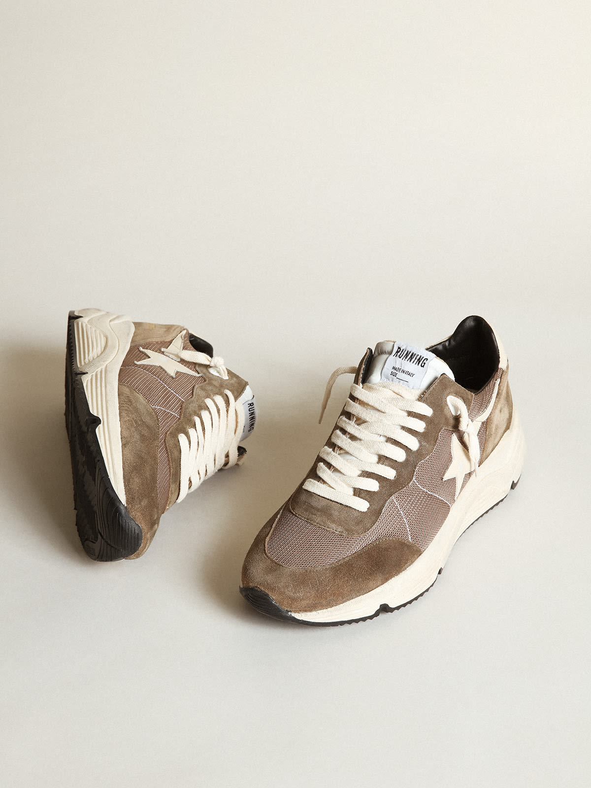 Golden Goose - Running Sole sneakers in olive-green mesh and leather with cream-colored leather star and heel tab in 
