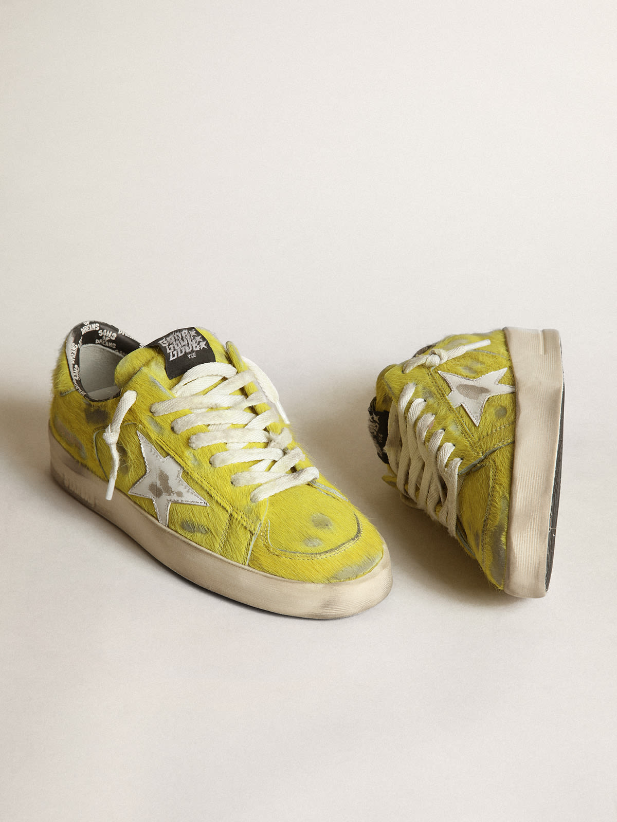 Golden Goose - Women's Stardan in fluorescent yellow pony skin with white star in 