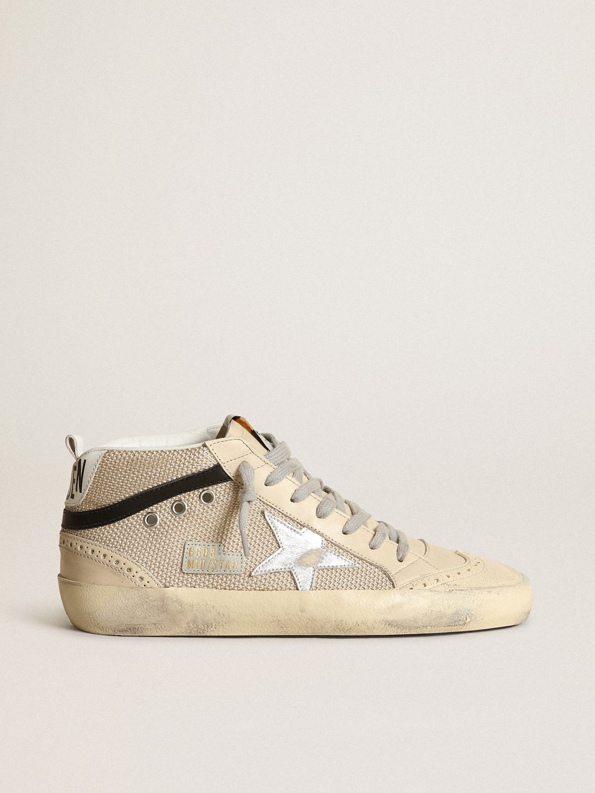 Golden Goose - Sneaker Mid Star LTD in rete color crema con stella in pelle laminata color argento e virgola in pelle nera in 