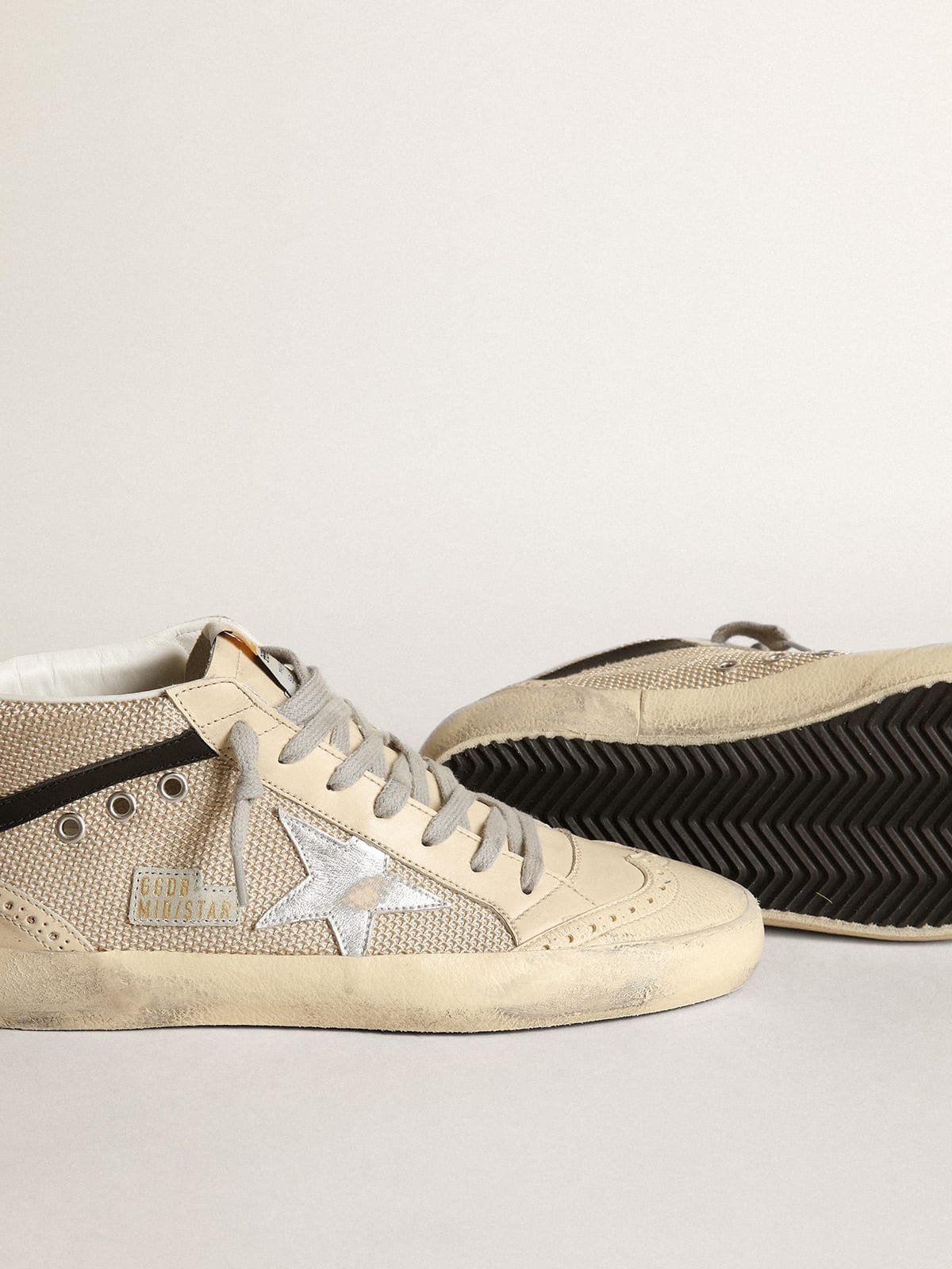 Golden Goose - Women's Mid Star LTD in cream-colored mesh with silver star in 