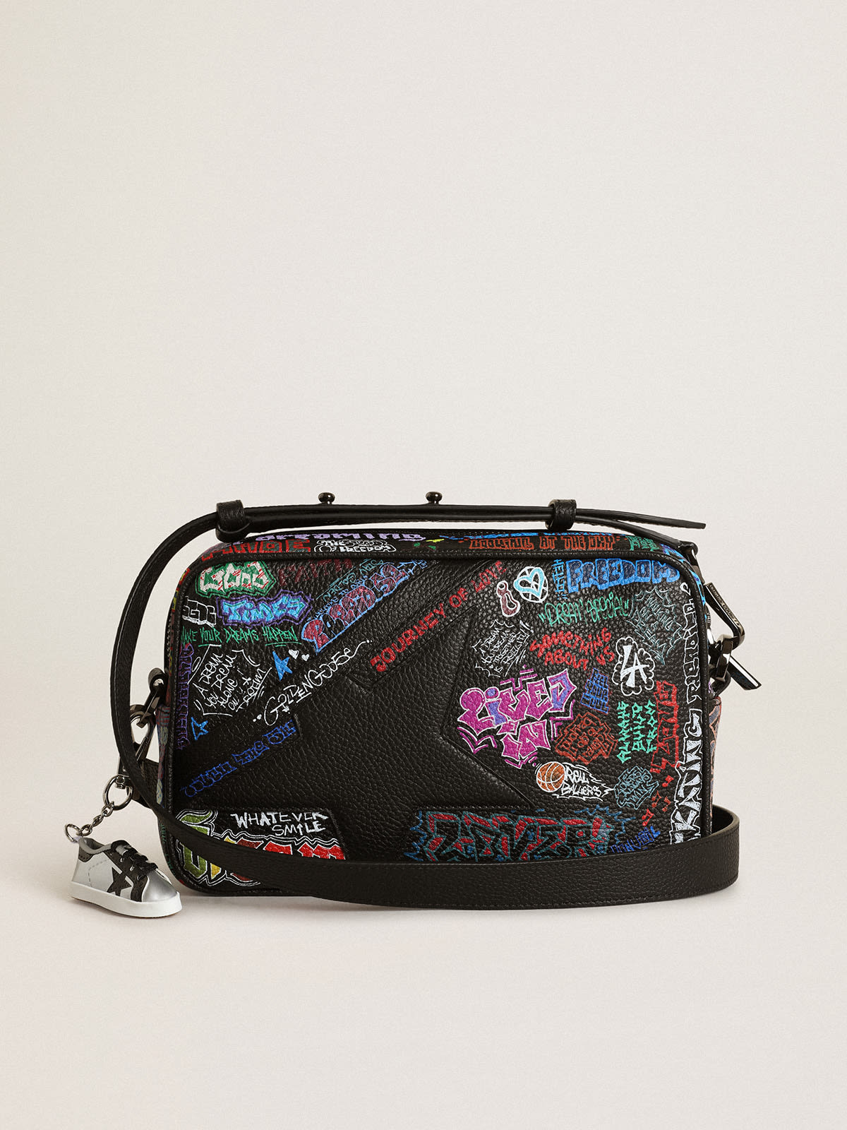 Golden Goose - Women's Star Bag in black hammered leather with multicolor print in 