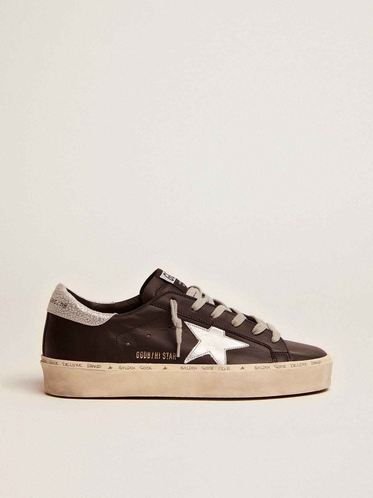 GOLDEN GOOSE Hi Star sneakers black leather-silver star-silver heel tab-