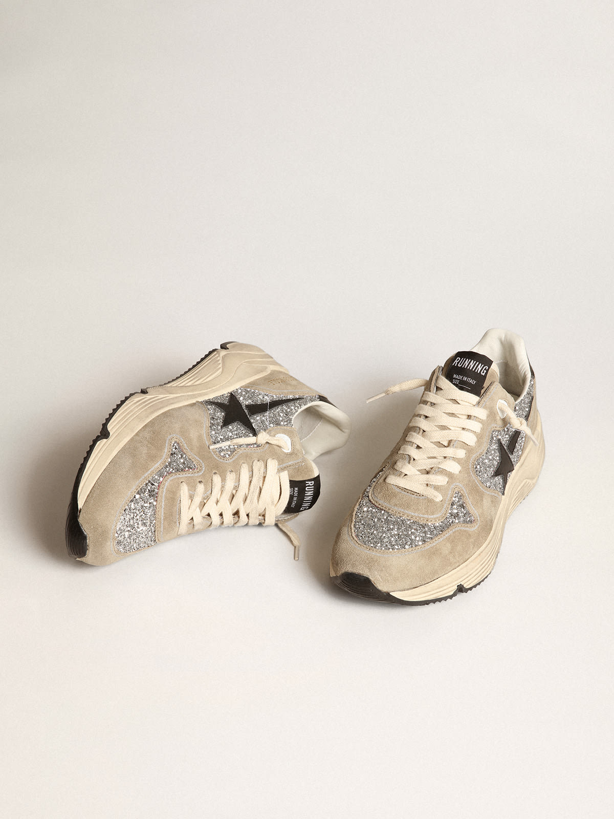 Golden Goose - Running Sole sneakers in silver glitter and dove-gray suede with black leather star in 