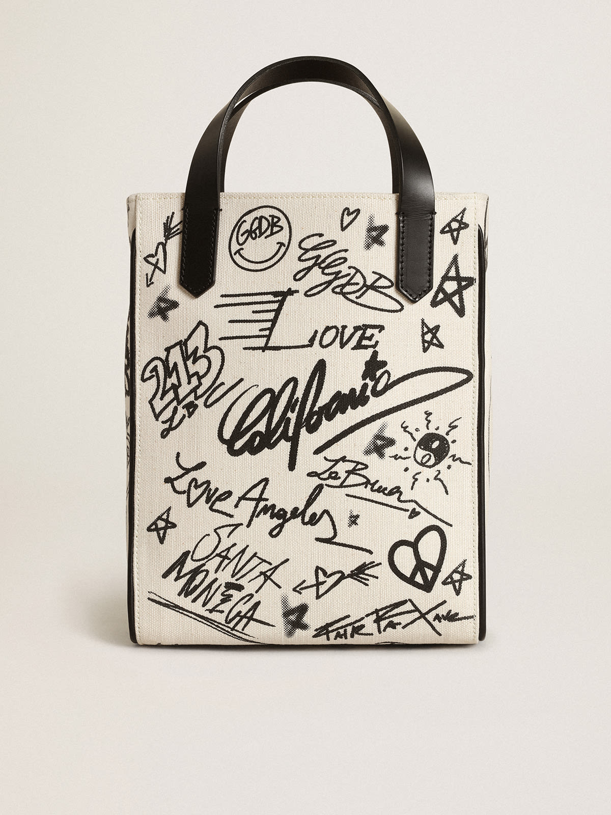 Women's Mini California Bag in white cotton with black print