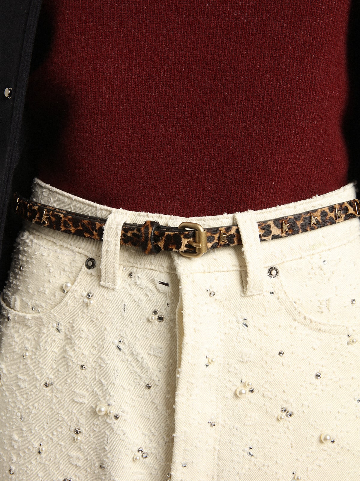 Golden Goose - Women's belt in black and brown leopard print pony skin with studs in 