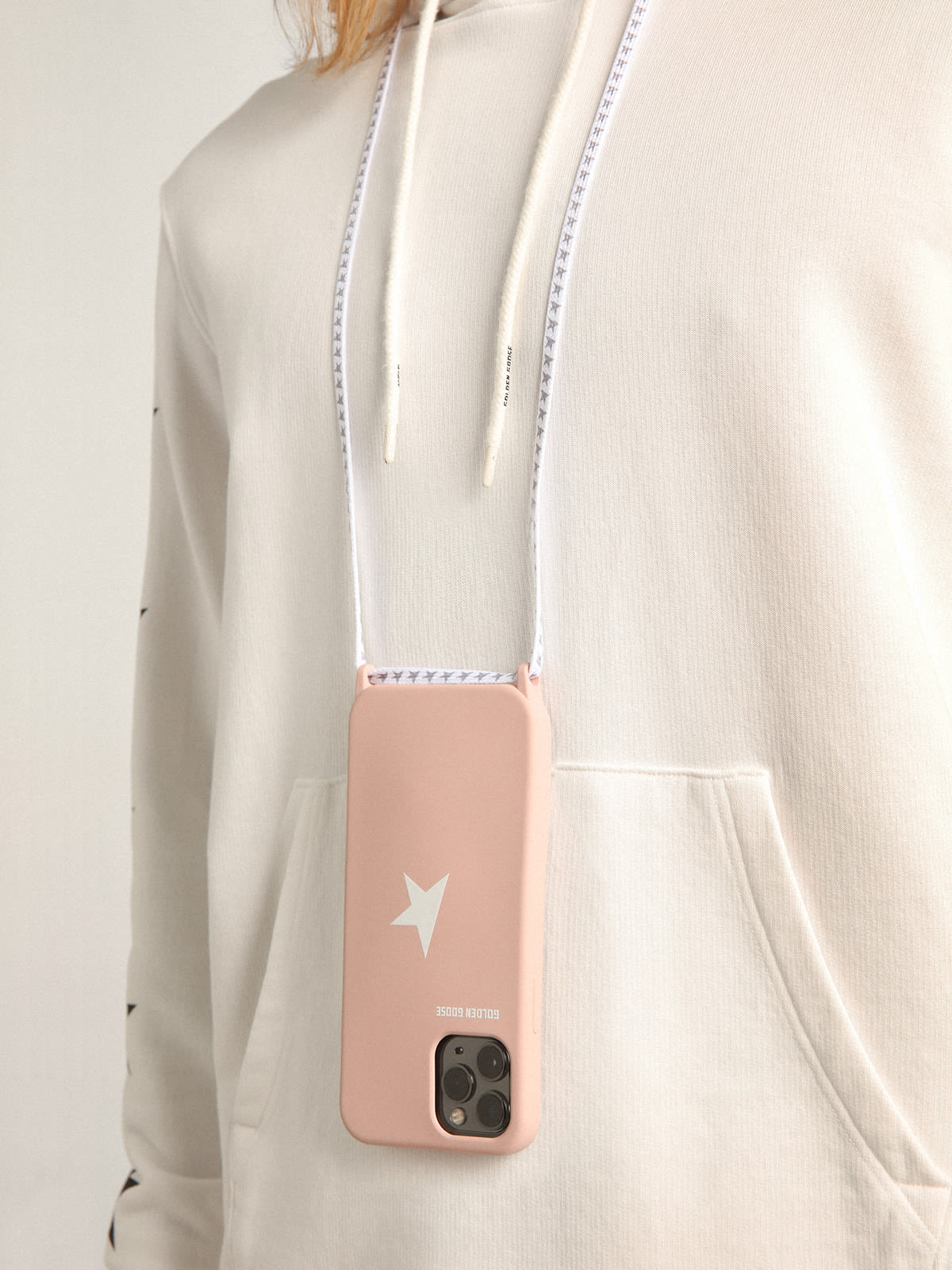 Golden Goose - Pale pink iPhone 12 and 12 Pro Max case with contrasting white logo and logo lanyards in 