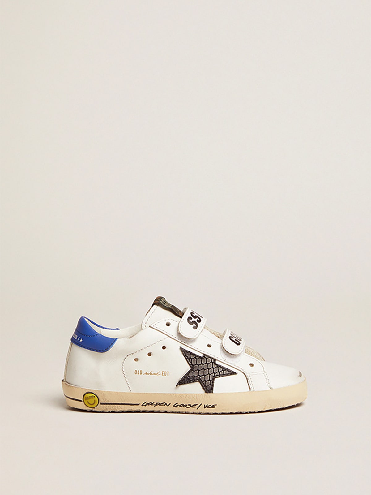 Young Old School with black snake print leather star and blue heel