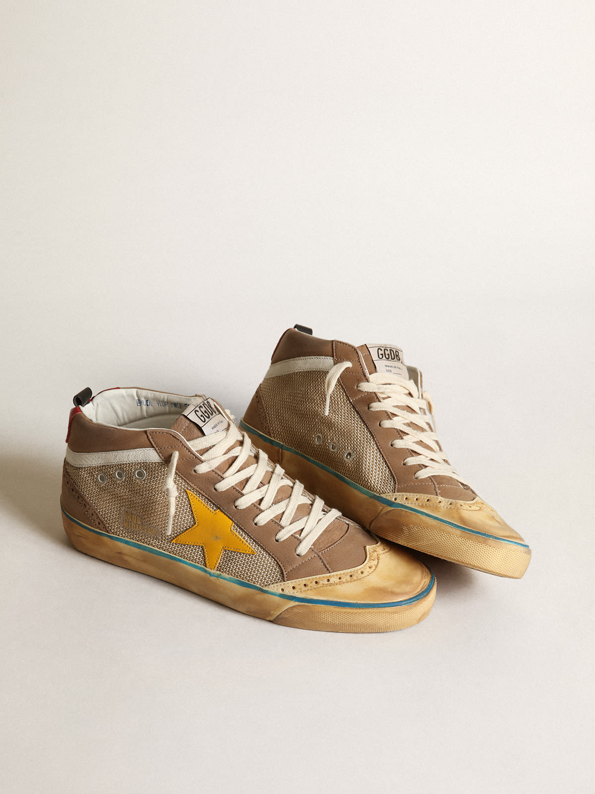 Golden Goose - Mid Star sneakers in beige mesh and dove-gray nubuck with yellow leather star in 