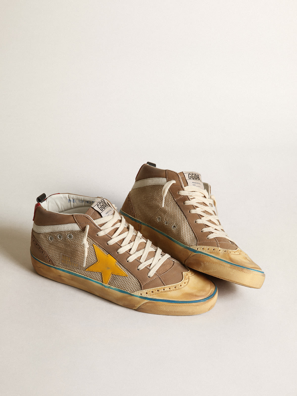 Golden Goose - Men's Mid Star in beige mesh and dove gray nubuck and yellow star in 