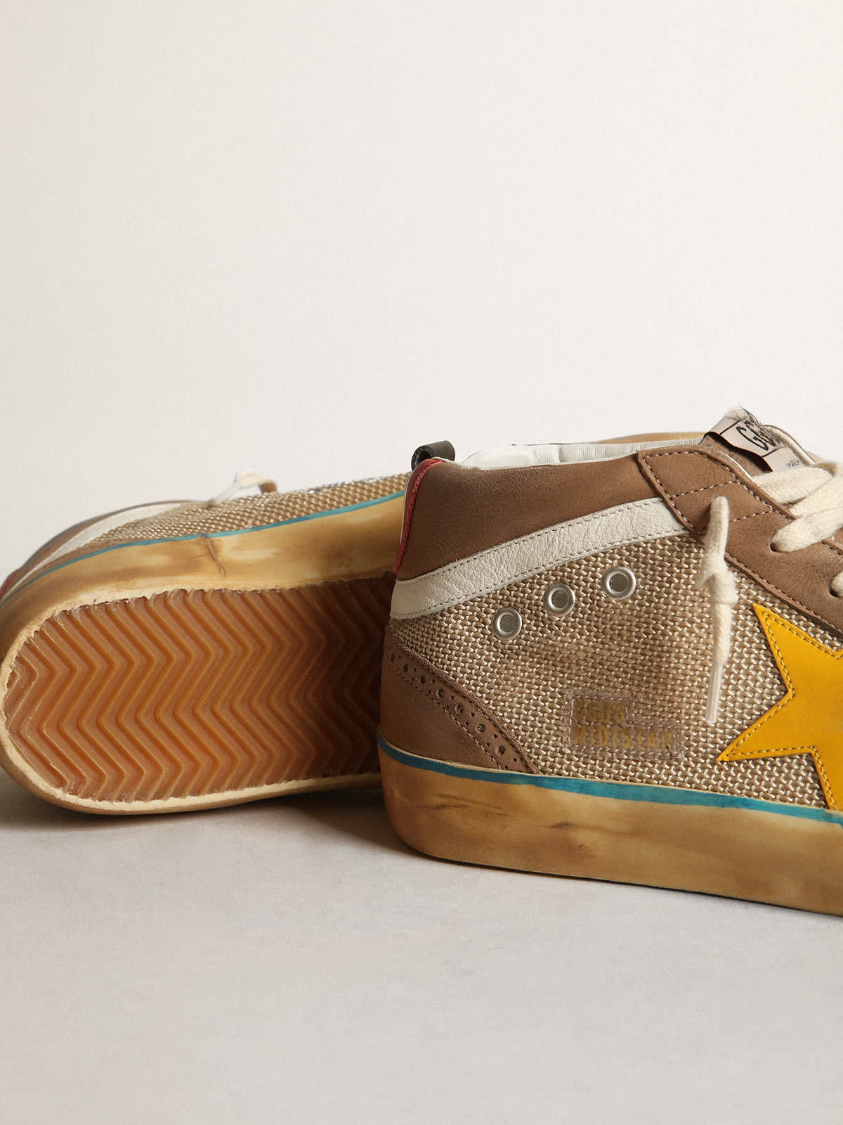 Golden Goose - Men's Mid Star in beige mesh and dove gray nubuck and yellow star in 