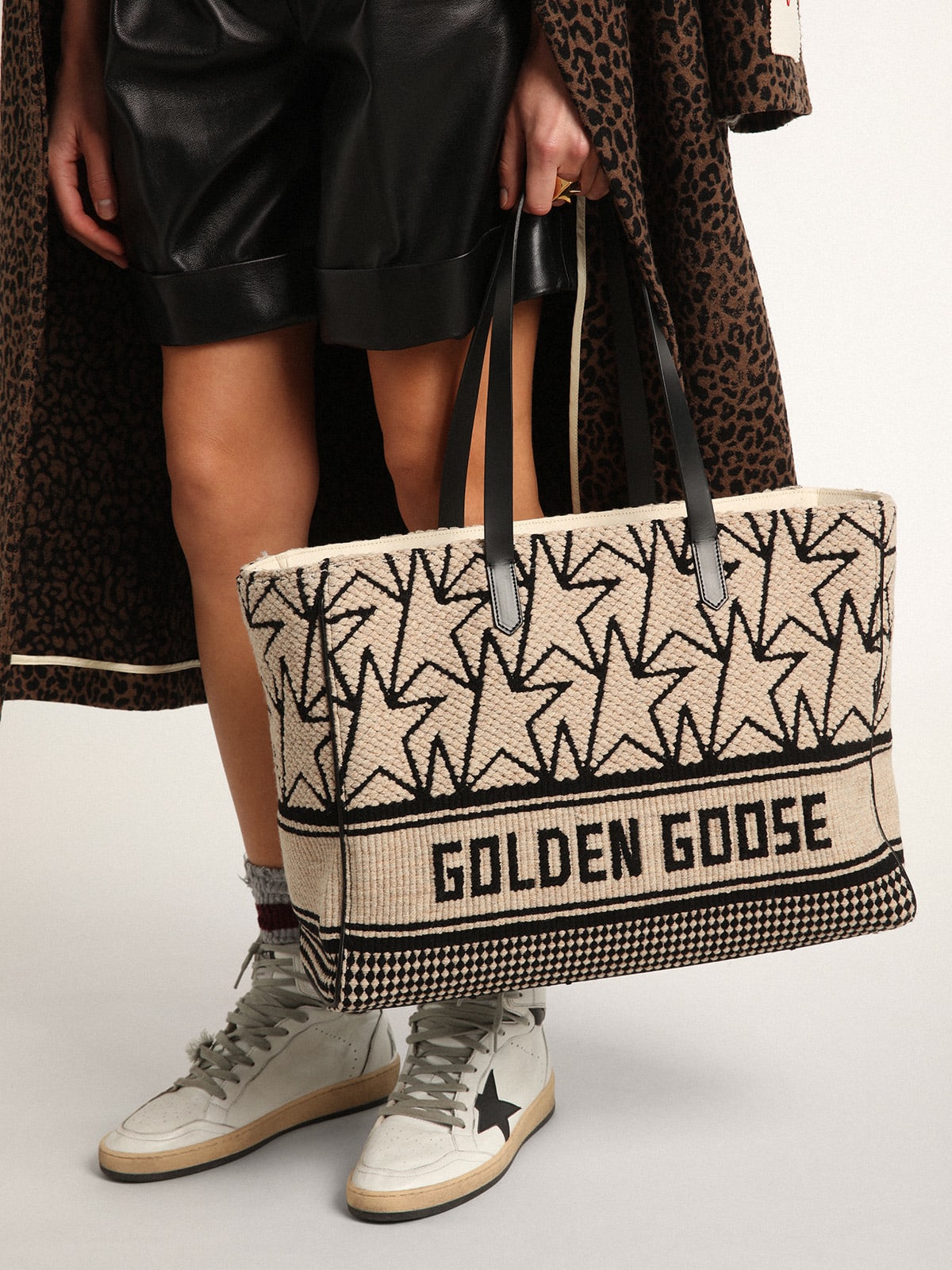 Golden Goose - Women's California Bag East-West in milk-white jacquard wool in 
