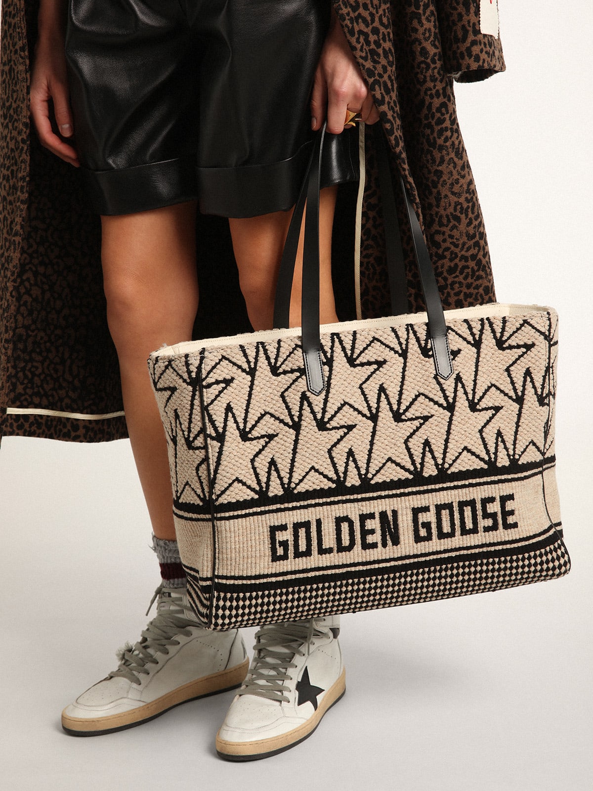 Golden Goose - California Bag East-West Donna in lana jacquard color bianco latte in 