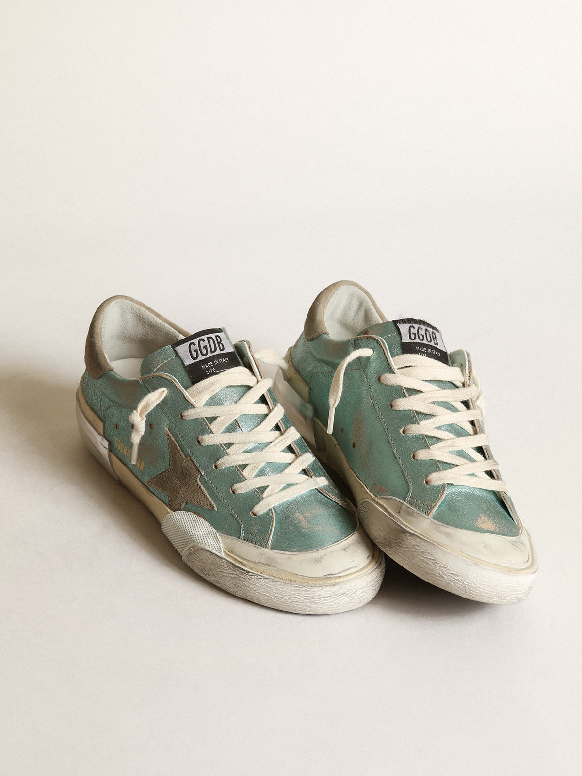 Golden Goose - Super-Star sneakers in mint-green laminated leather with ice-gray suede star and multi-foxing in 