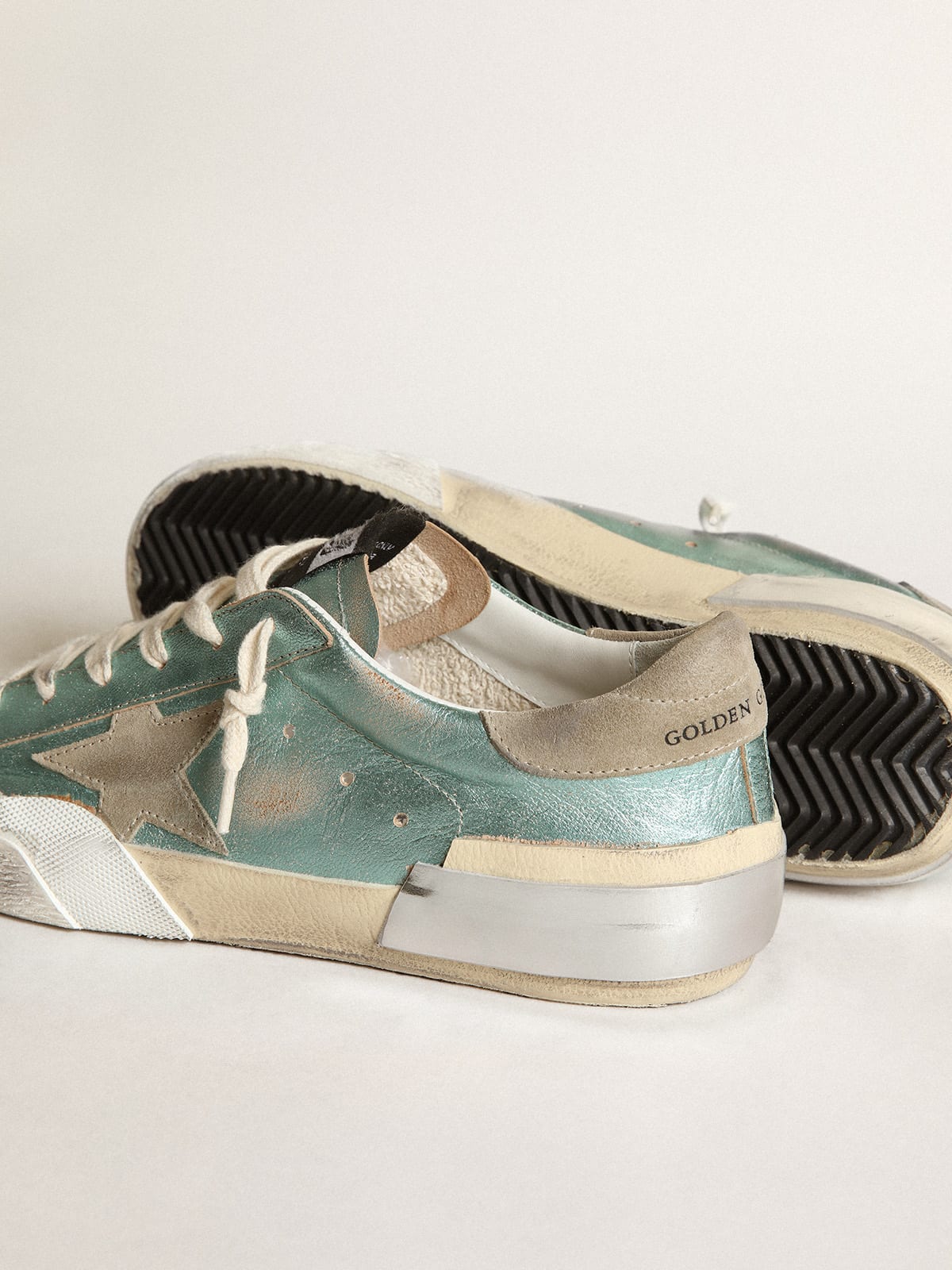Golden Goose - Women's Super-Star in mint green laminated leather with gray star in 