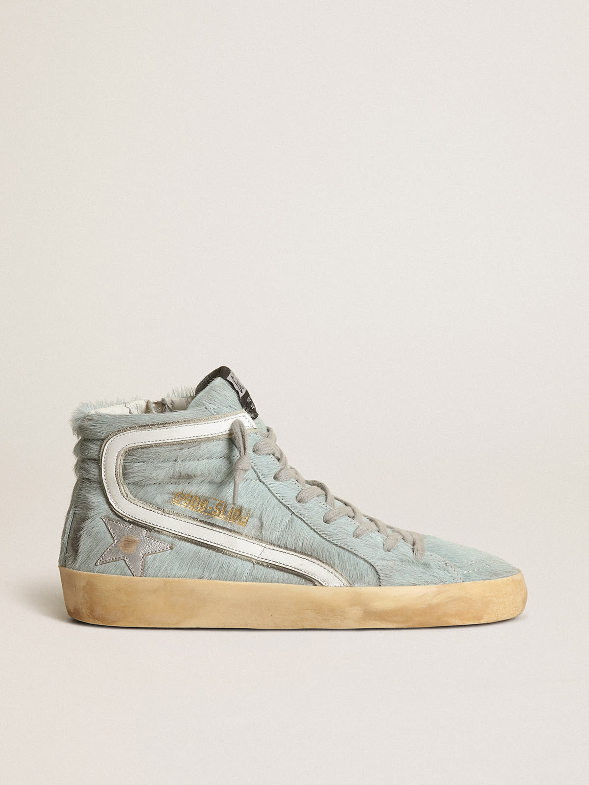 Golden Goose - Slide sneakers in aquamarine pony skin with silver laminated leather star in 