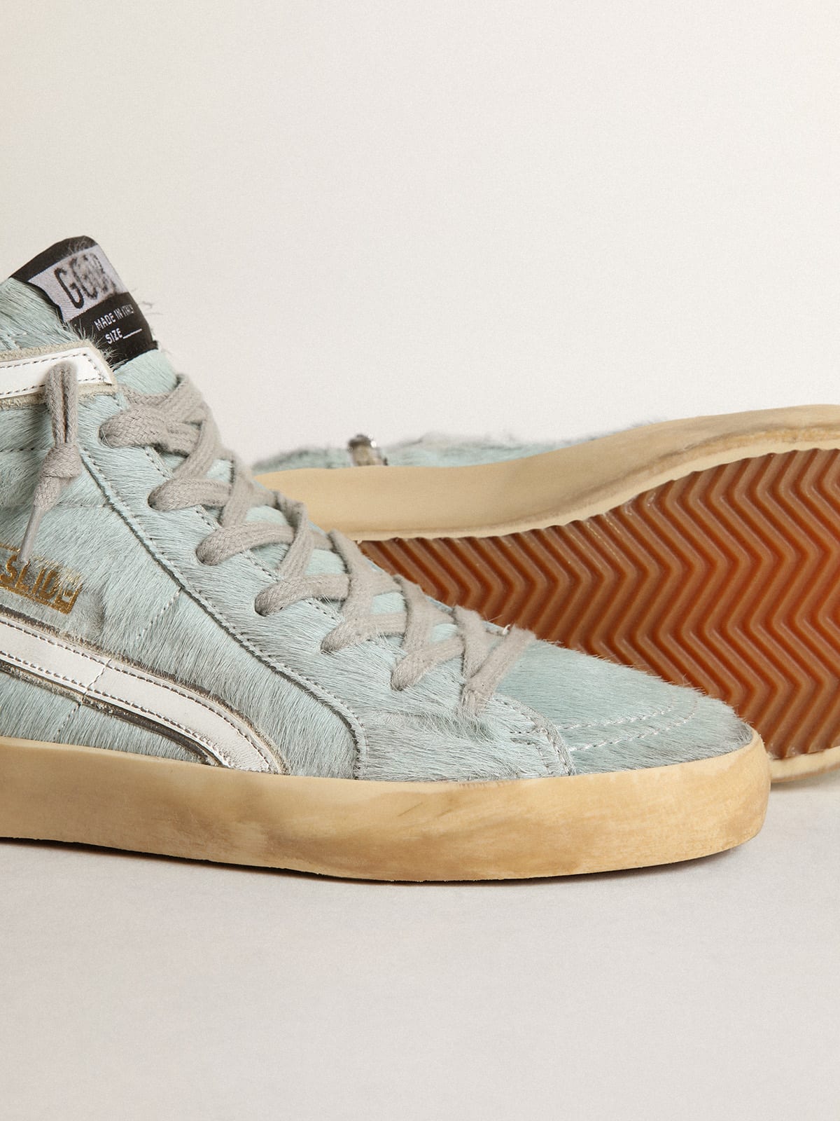 Golden Goose - Slide sneakers in aquamarine pony skin with silver laminated leather star in 