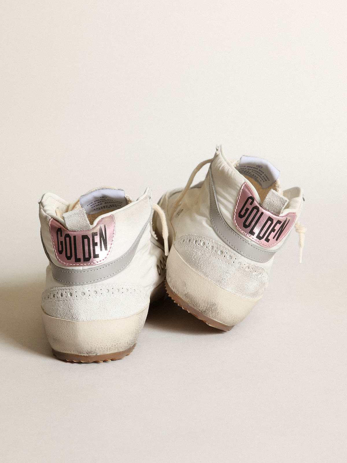 Golden Goose - Mid Star LTD sneakers in white nylon with leopard-print pony skin star and pink metallic leather heel tab in 