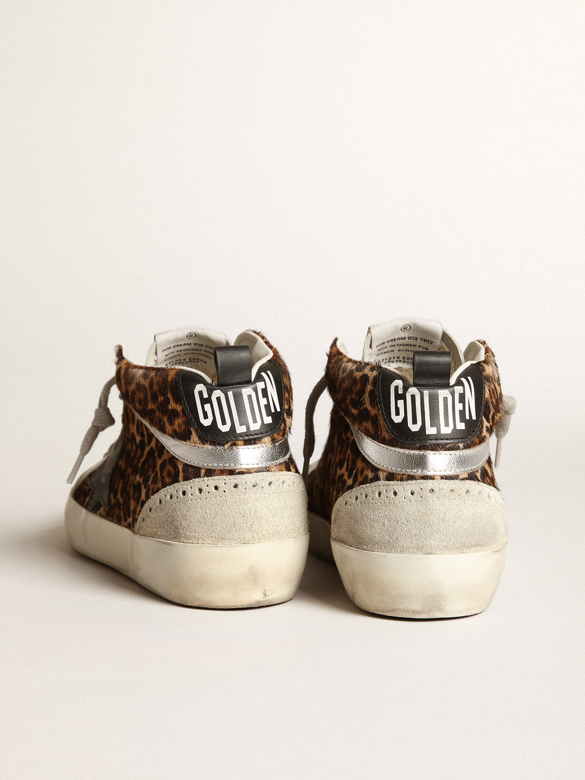 Golden Goose - Mid Star sneakers in leopard-print pony skin with black leather star and silver laminated leather flash in 