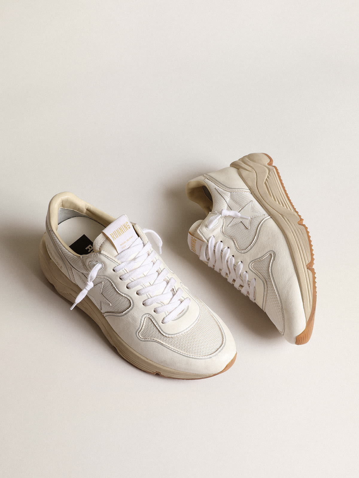 Women’s Running sole sneakers in optical-white mesh and nappa leather with  white leather star
