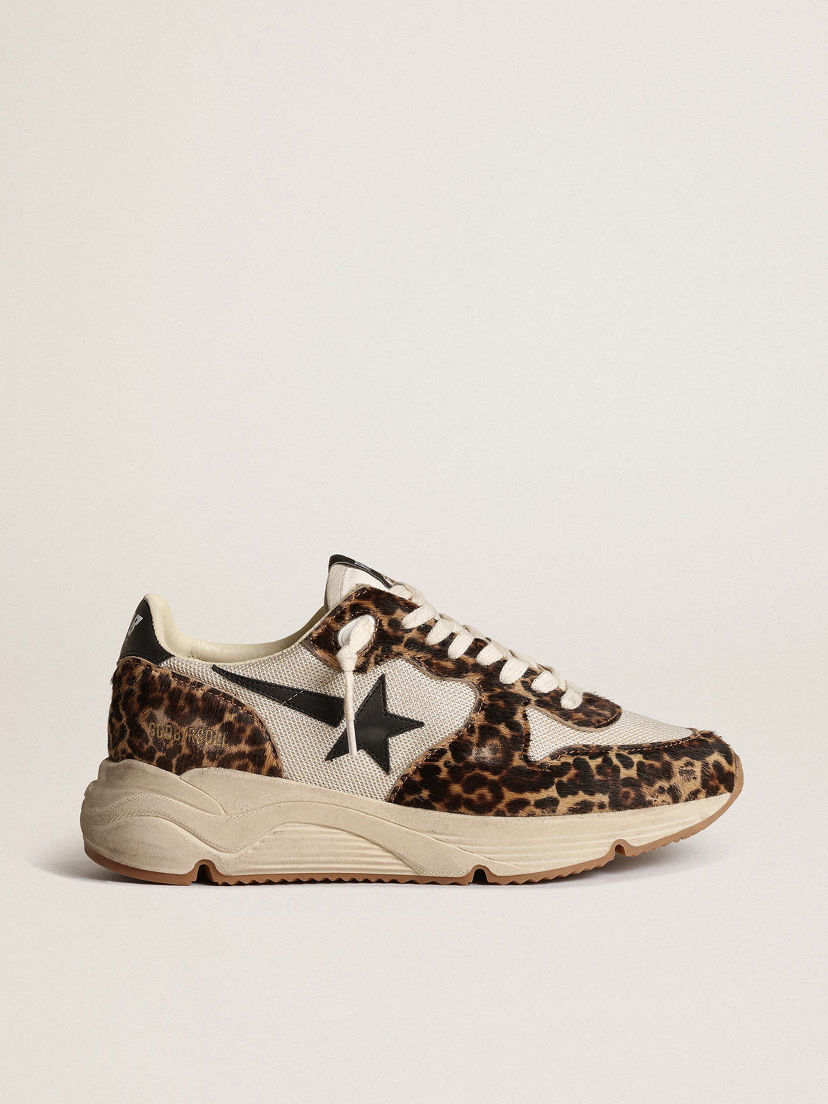 Golden Goose - Sneaker Running Sole in rete color crema con inserti in cavallino leopardato e stella in pelle nera in 