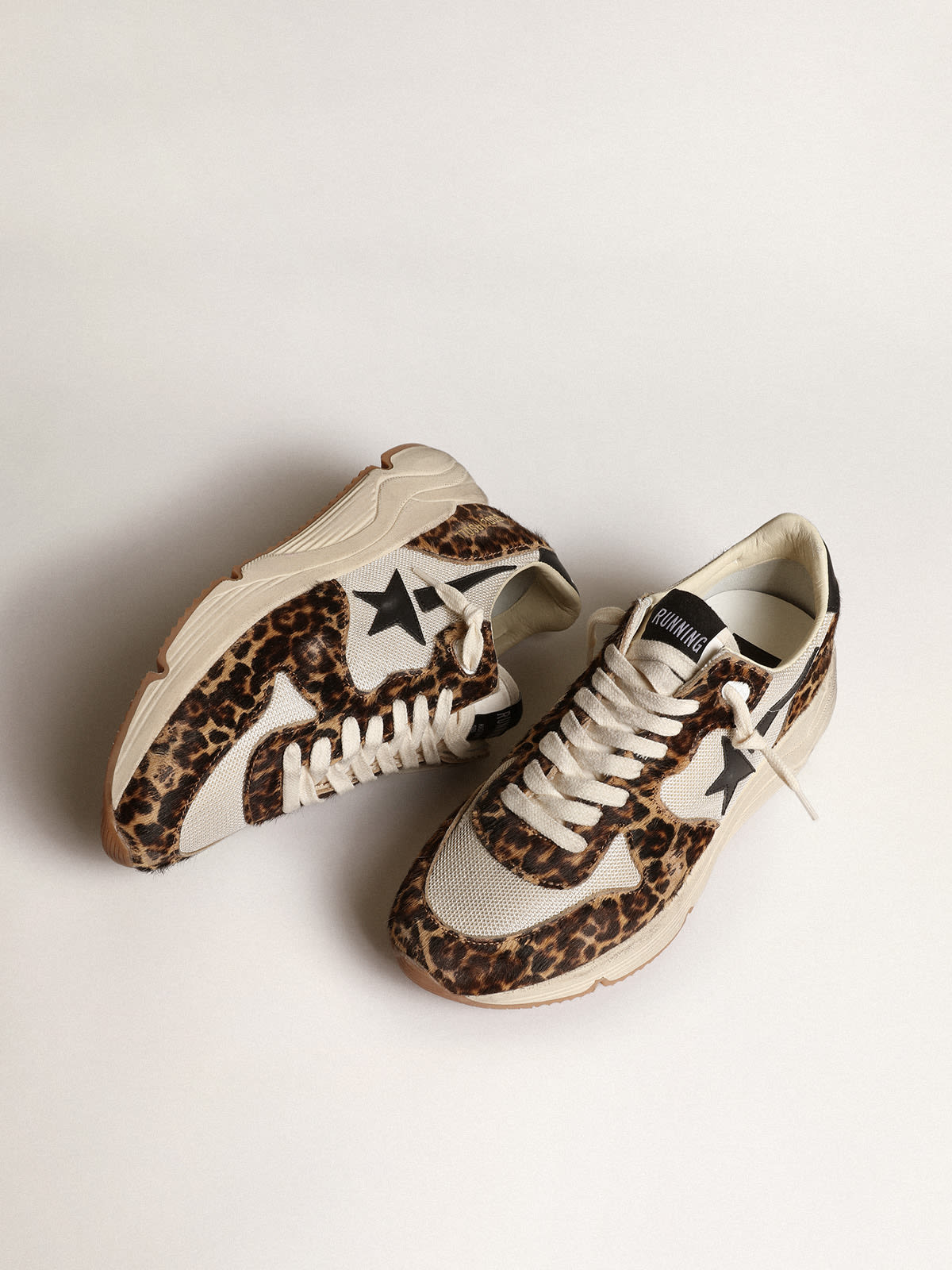 Golden Goose - Running Sole sneakers in cream-colored mesh with leopard-print pony skin inserts and black leather star in 