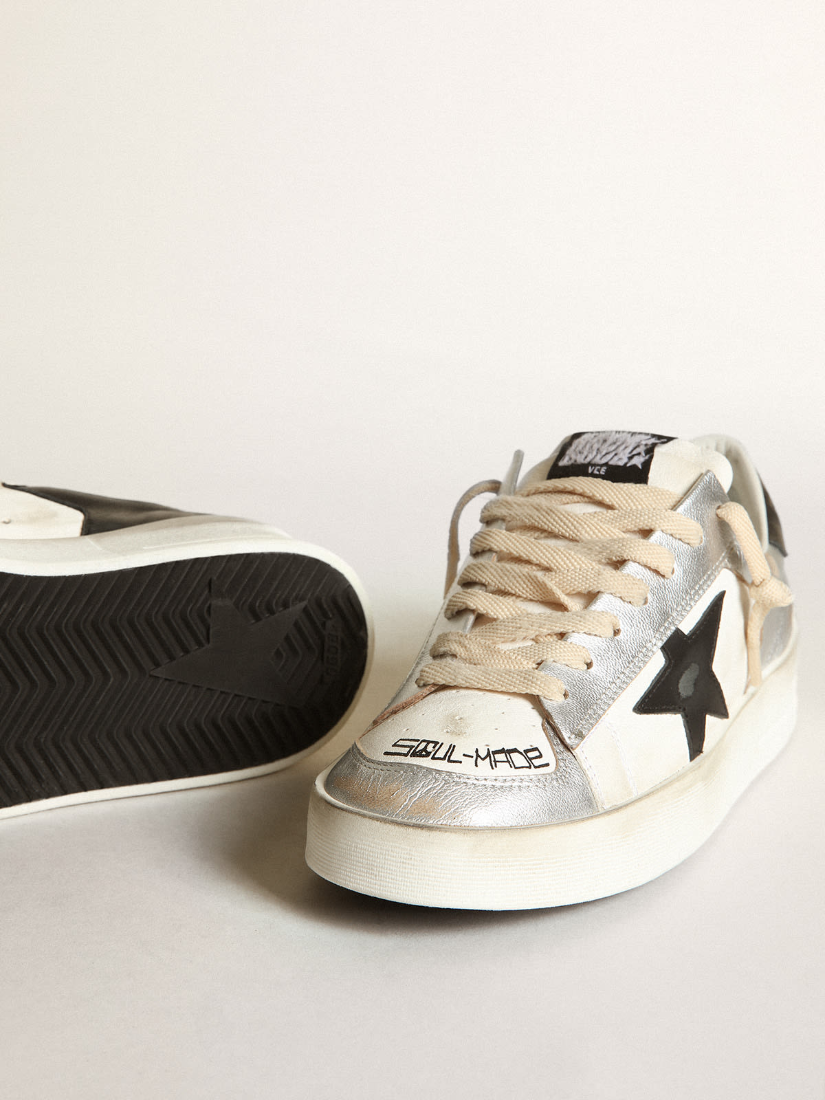 Golden Goose - Women's Stardan in silver laminated leather with white inserts in 