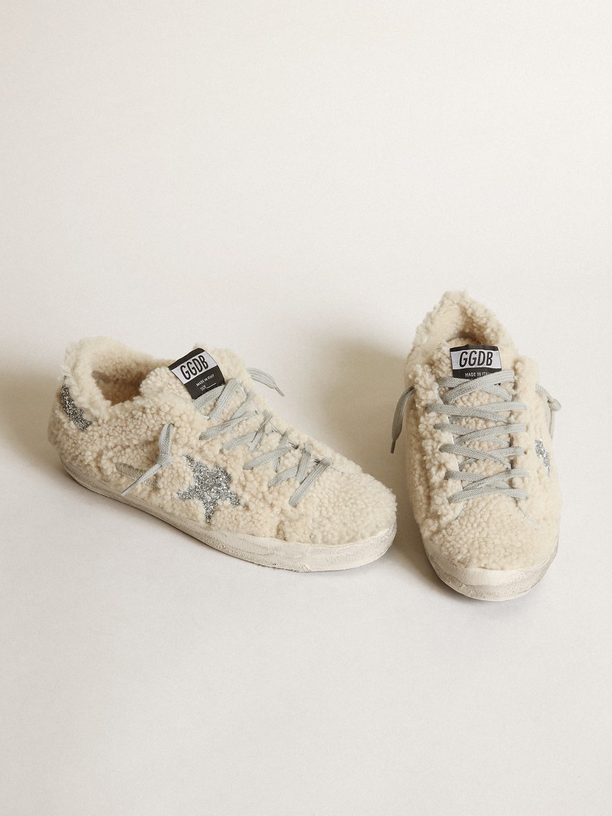 Super-Star sneakers in beige shearling with silver glitter star and heel tab