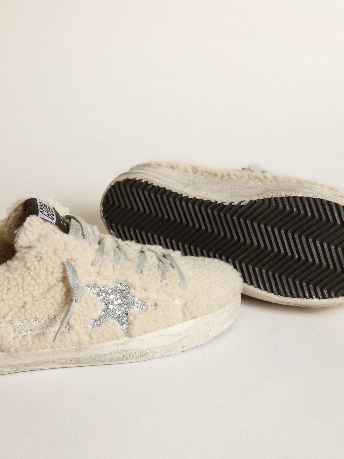 Golden Goose - Super-Star sneakers in beige shearling with silver glitter star and heel tab in 