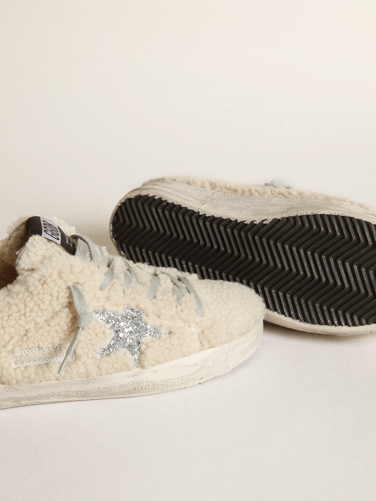 Super-Star sneakers in beige shearling with silver glitter star and heel tab