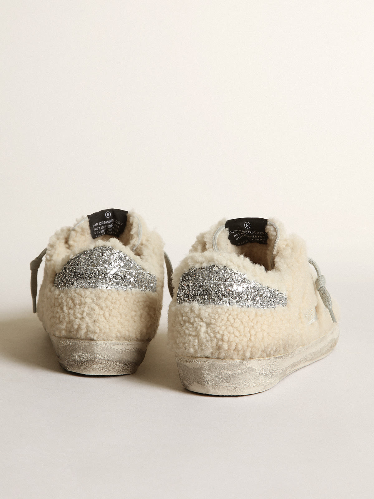 Golden Goose - Super-Star sneakers in beige shearling with silver glitter star and heel tab in 